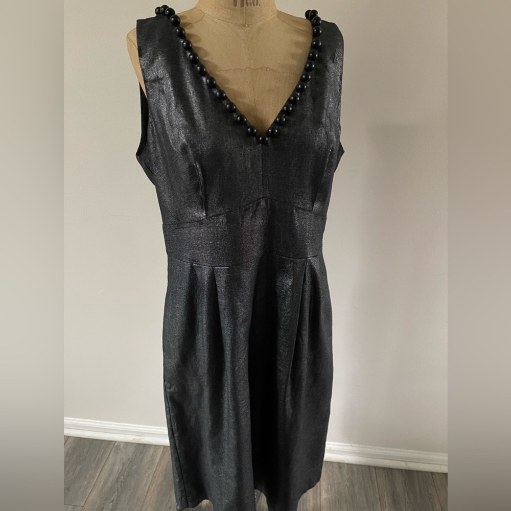 WD NY Womens Metallic Gray SZ 10 Fit Flare Linen Blend MIDI Beaded V-Neck Dress
